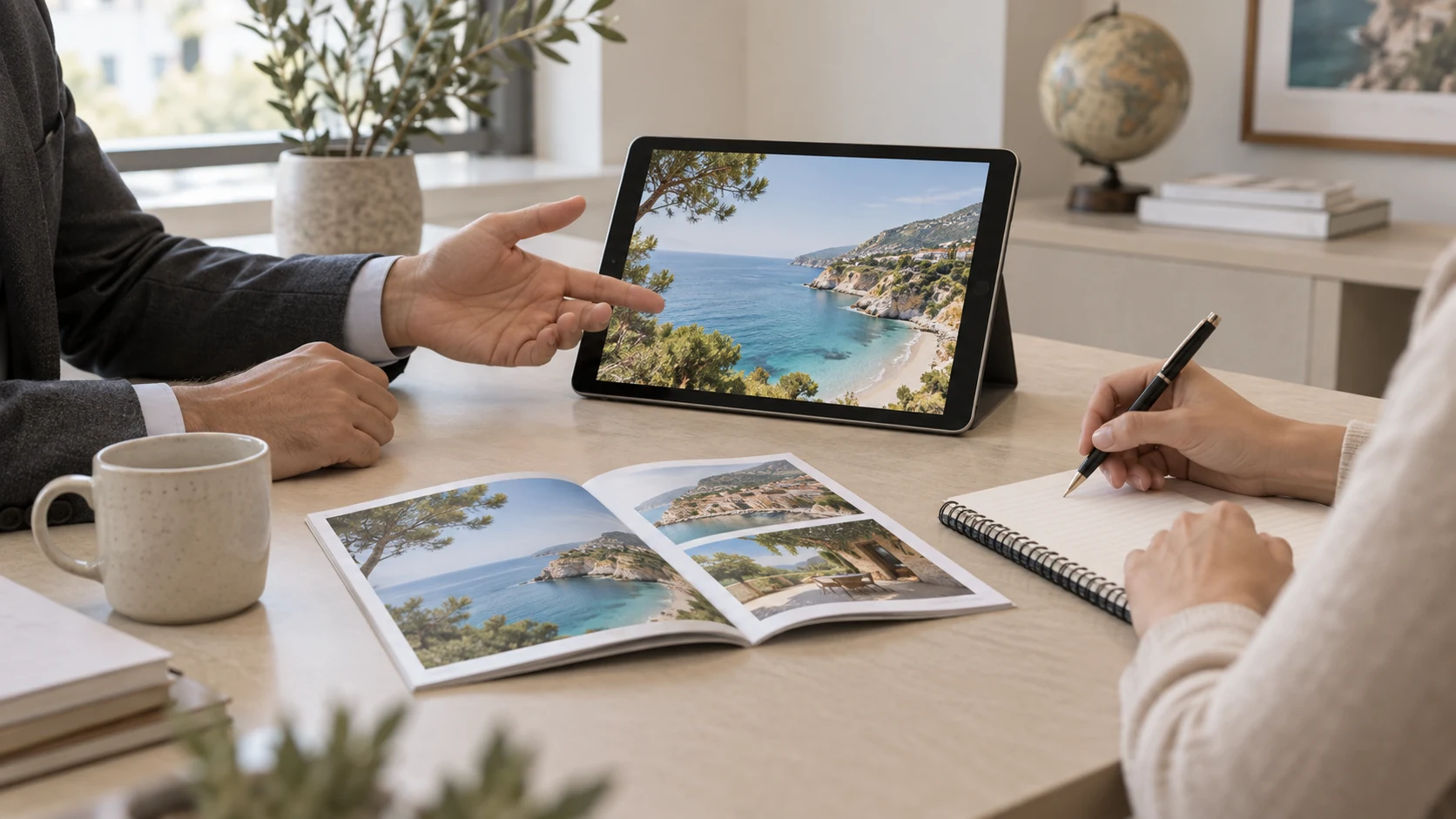 Apresentação de uma experiência de viagem em um tablet durante uma conversa comercial